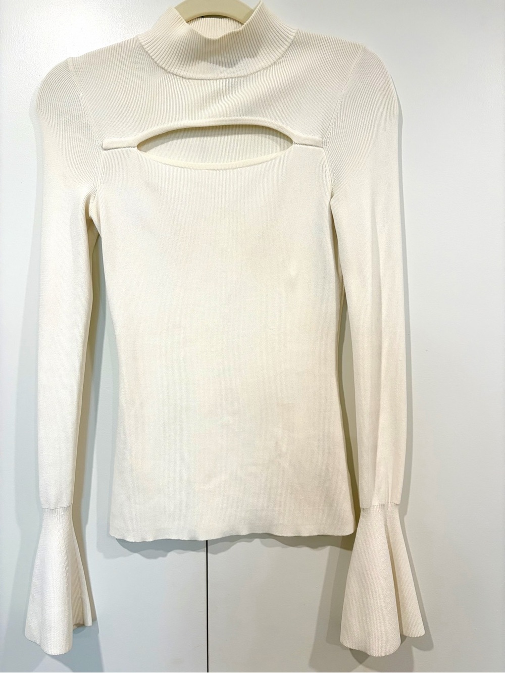 Intermix Knit Cream Turtleneck Cutout Sweater with Flared Cuffs